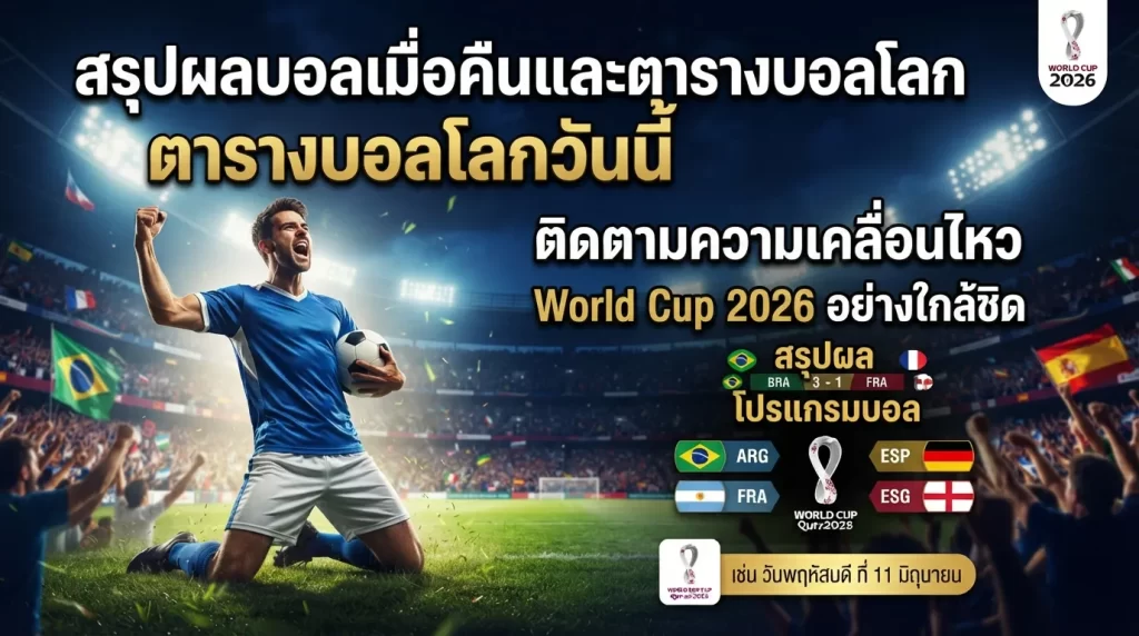 สรุปผลบอลเมื่อคืนและตารางบอลโลกวันนี้ ติดตามความเคลื่อนไหว World Cup 2026 อย่างใกล้ชิด