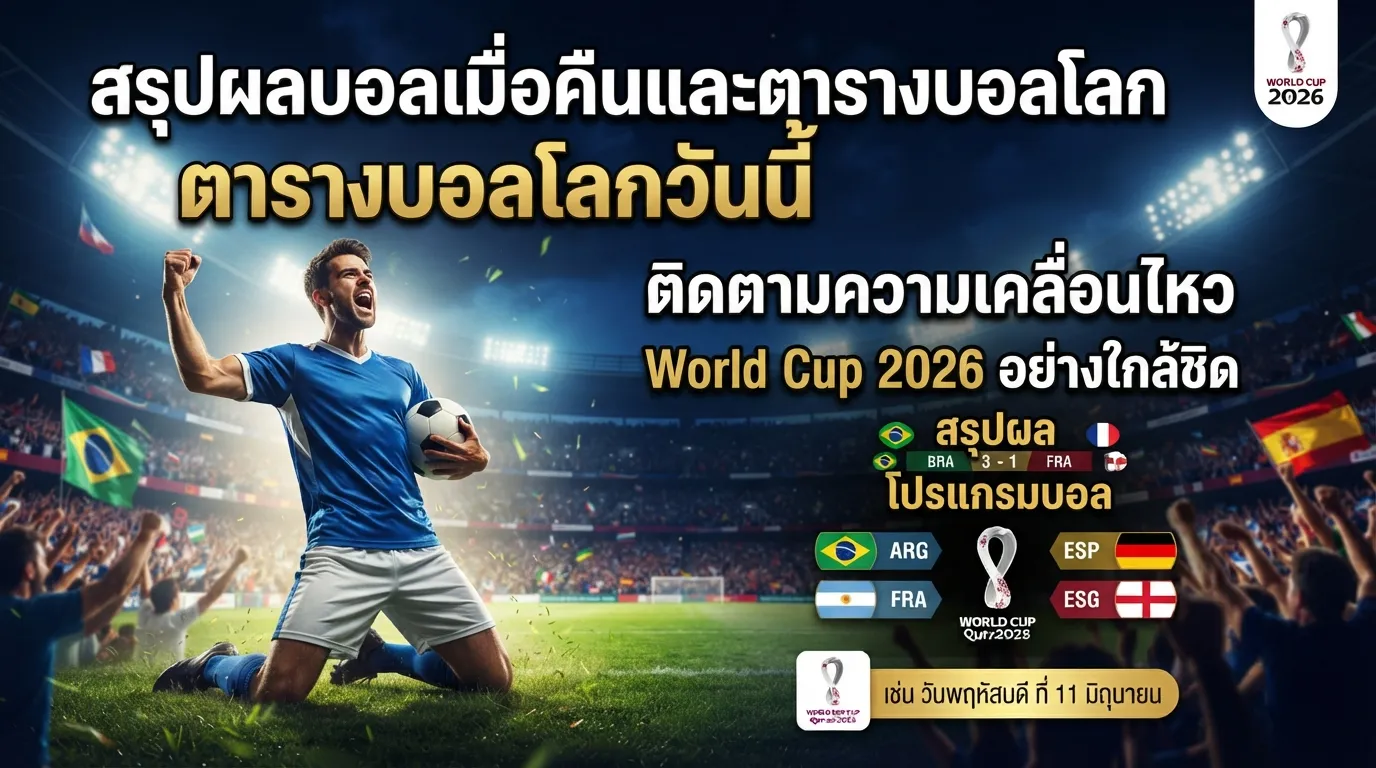 สรุปผลบอลเมื่อคืนและตารางบอลโลกวันนี้ ติดตามความเคลื่อนไหว World Cup 2026 อย่างใกล้ชิด